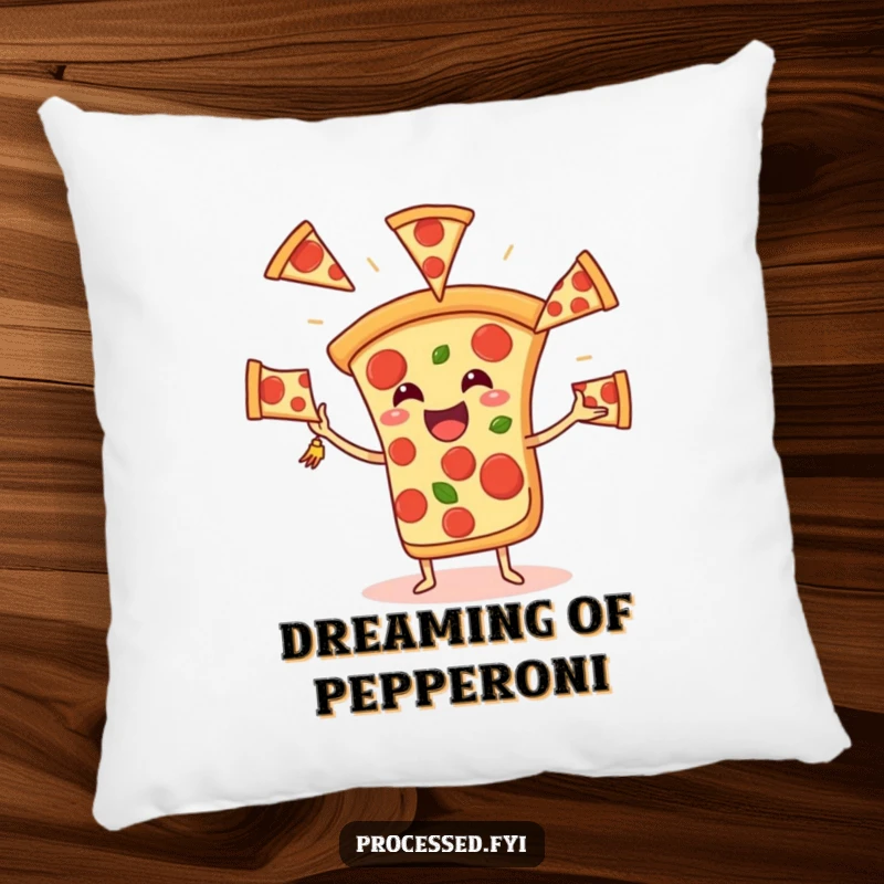 Funny Pizza Juggling Pillow, showcasing a cheerful slice tossing pepperoni, a soft and humorous accent for any couch or bed.