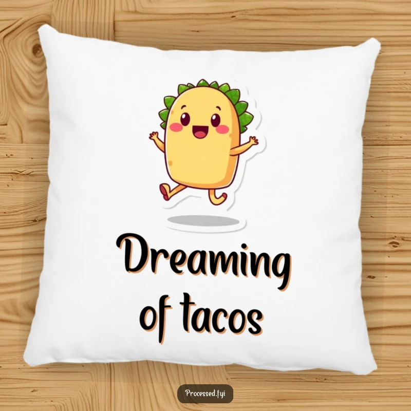 Funny taco pillow, a smiling anthropomorphic food character with legs, joyfully skipping.