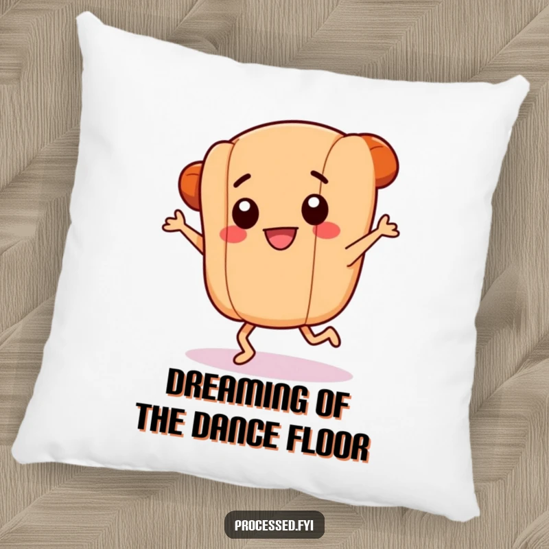 Funny pillow showcasing a smiling hotdog link with tiny legs doing a frantic dance, offering plush comfort and a touch of playful foodie spirit.