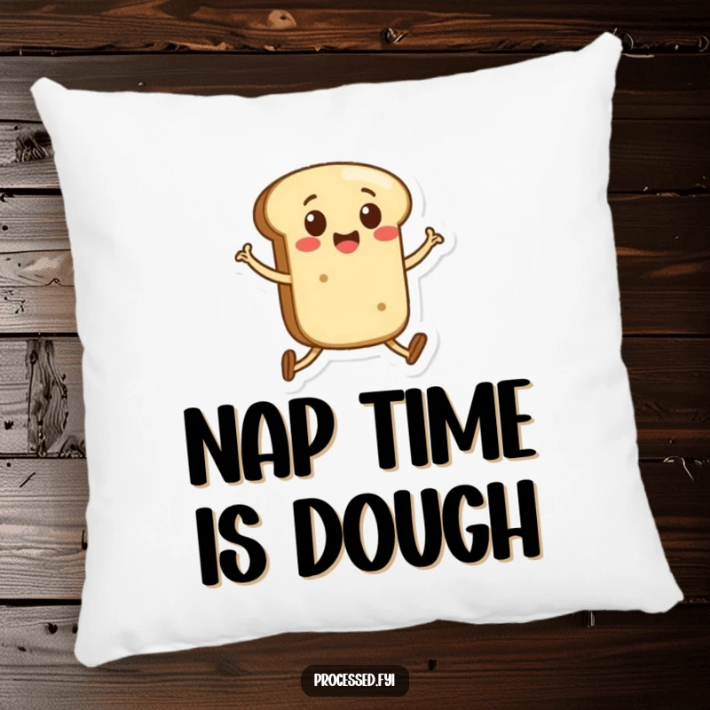 Funny pillow featuring a happy anthropomorphic bread roll with legs skipping playfully, adding comfort and humor to any space.