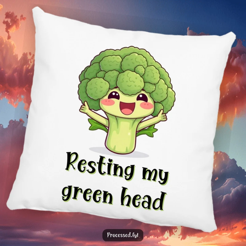 Funny broccoli pillow design of a happy floret waving its leaves, perfect for snuggling with healthy humor.