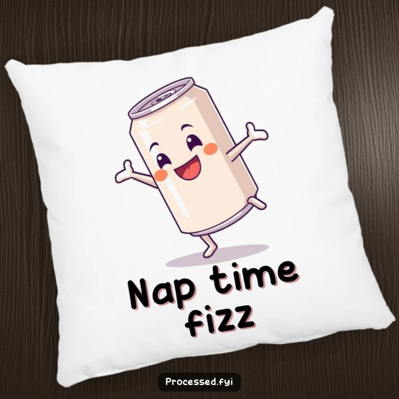 Funny pillow featuring a cheerful anthropomorphic soda can performing a cartwheel, offering energetic comfort and a bubbly vibe.
