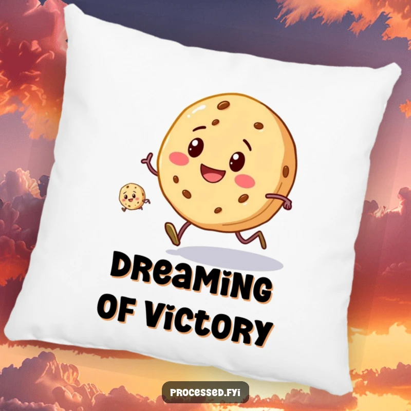 Funny Cookie Race Pillow: A smiling cookie with tiny legs running a race, offering soft comfort and a humorous touch.