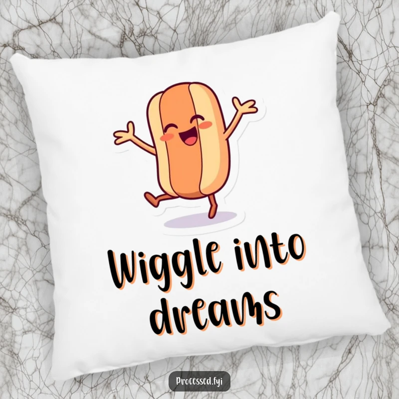 Funny pillow featuring a dancing hot dog character with legs and arms wiggling joyfully, providing plush comfort and humor.