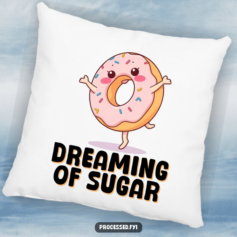 Funny donut pillow featuring a cheerful, anthropomorphic donut with sprinkles mid-cartwheel, offering soft, sweet cartoon comfort for your relaxation.