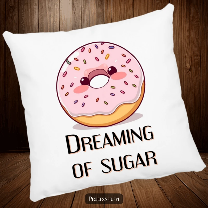Funny plump donut with blush and sprinkles bouncing enthusiastically, a humorous and soft pillow for comfort.