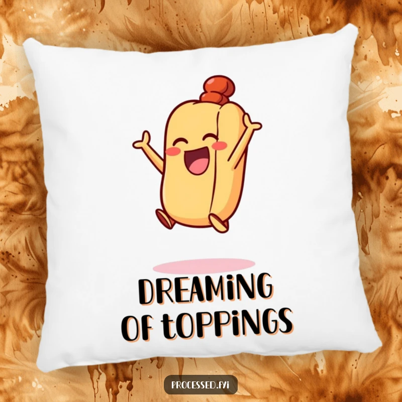 Funny Excited Hot Dog Pillow: A happy, energetic hot dog in a bun, performing an excited little jump.