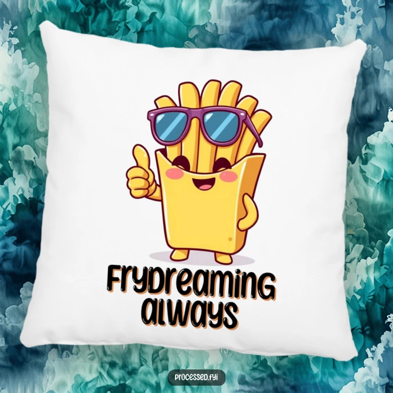 Funny pillow featuring a cheeky french fry wearing sunglasses and giving a thumbs-up, offering soft comfort and cool humor.