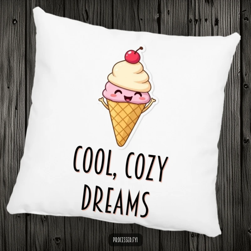 Funny pillow with a plush ice cream cone and cherry, depicted mid-shimmy with pure, energetic, sweet delight.