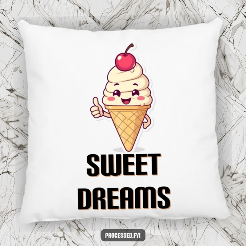 Funny pillow featuring a happy ice cream cone with a cherry, giving a thumbs-up, offering sweet comfort and a cheerful touch.