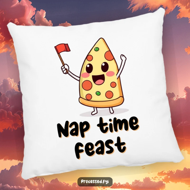 Funny pillow featuring a delighted anthropomorphic pizza slice joyfully waving a tiny flag, providing comfort and a slice of fun.