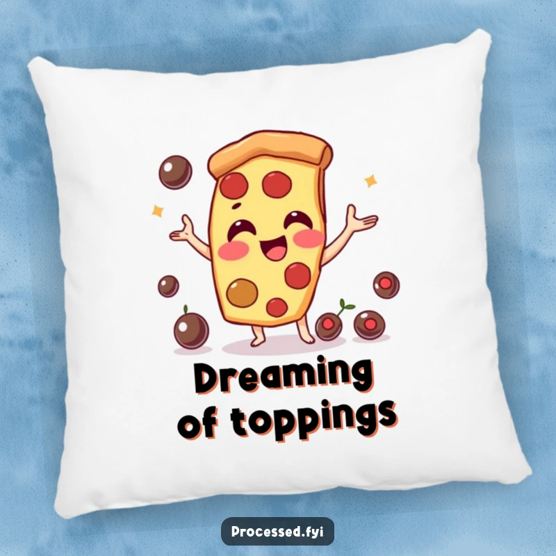 Funny pizza slice character, juggling olives with a smile, offering plush comfort and a touch of humor. A cozy decoration.