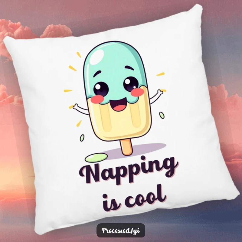 Funny pillow with a proud cartoon popsicle character melting slightly in the sun, soft and decorative.