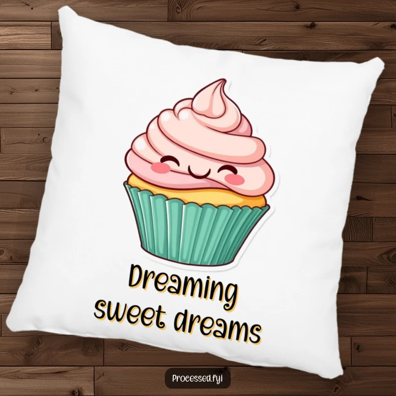 Funny pillow with a smiling cupcake with frosting swirls hopping, bringing soft comfort and cheerful dessert vibes.