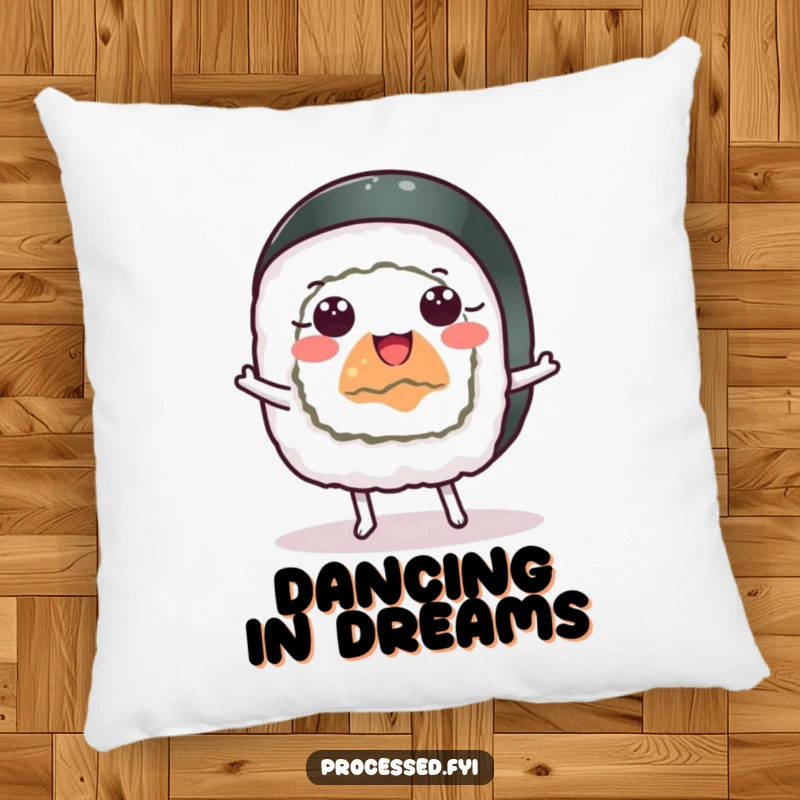 Funny cheerful sushi roll with wide eyes dancing happily, a humorous and soft pillow for comfort.