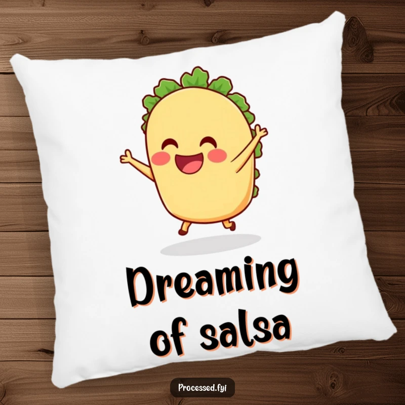 Funny anthropomorphic Taco Pillow grinning and dancing with tiny legs, a soft and humorous accent pillow that brings joyful food charm and celebration.