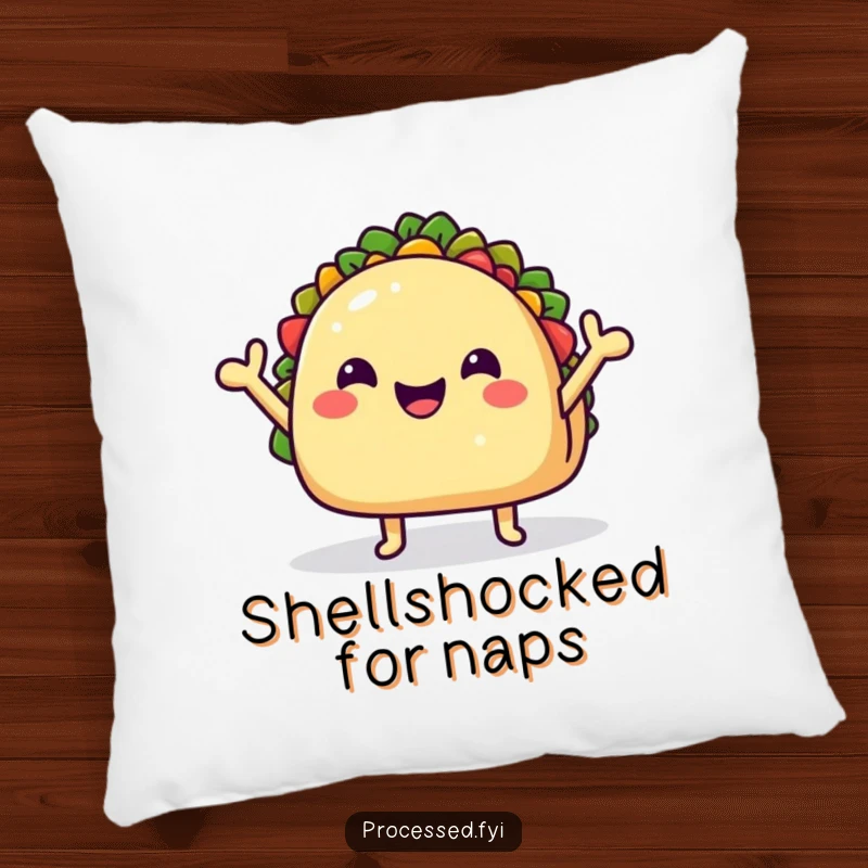 Funny Pillow featuring a happy taco character with small arms waving enthusiastically, offering comfort and a dose of cheerful food humor.