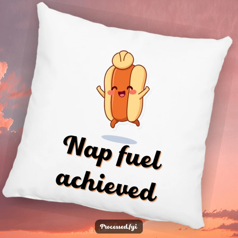 Funny pillow featuring a smiling hot dog leaping with tiny legs, a bun balanced on its head, providing comfort and humor.