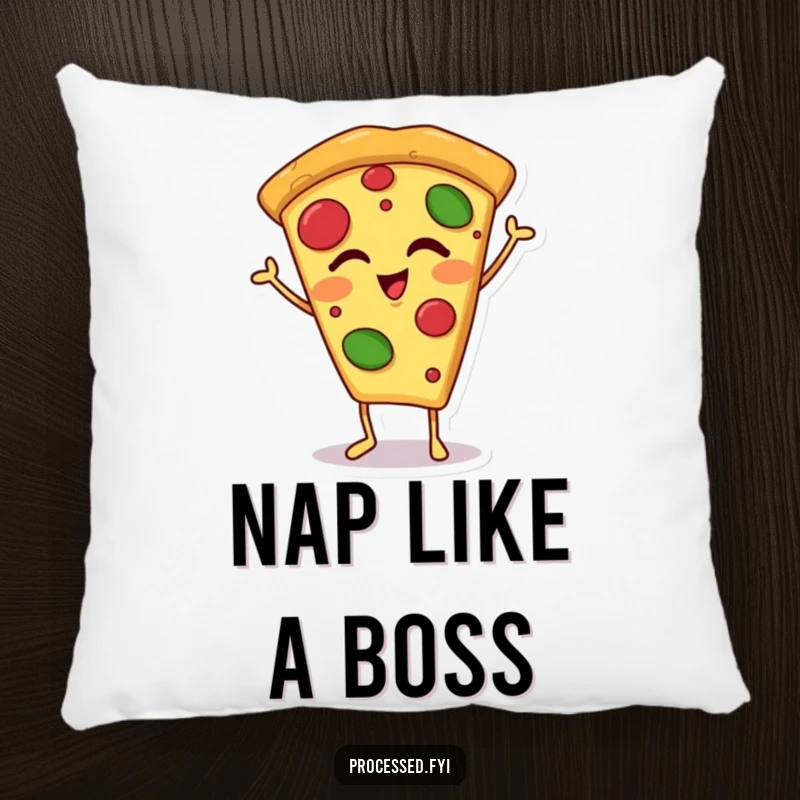 Funny winking pizza slice pillow showing a happy, anthropomorphic pizza slice on tiny feet, offering soft, cheesy cartoon comfort with a playful wink.