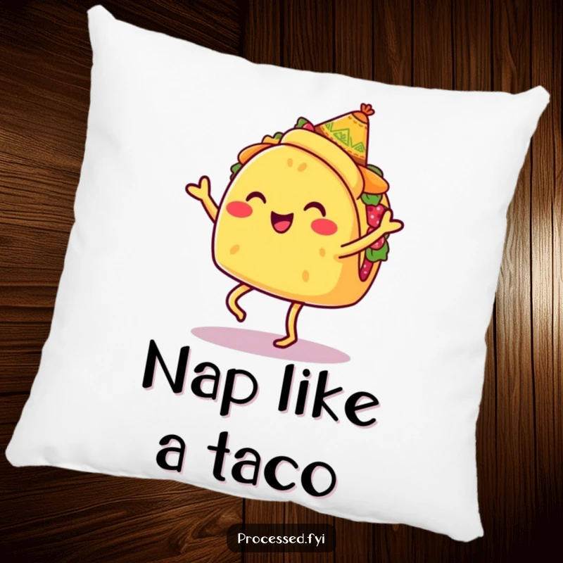 Funny pillow featuring a smiling taco with legs, wearing a tiny sombrero, doing a jig, soft and decorative home accent