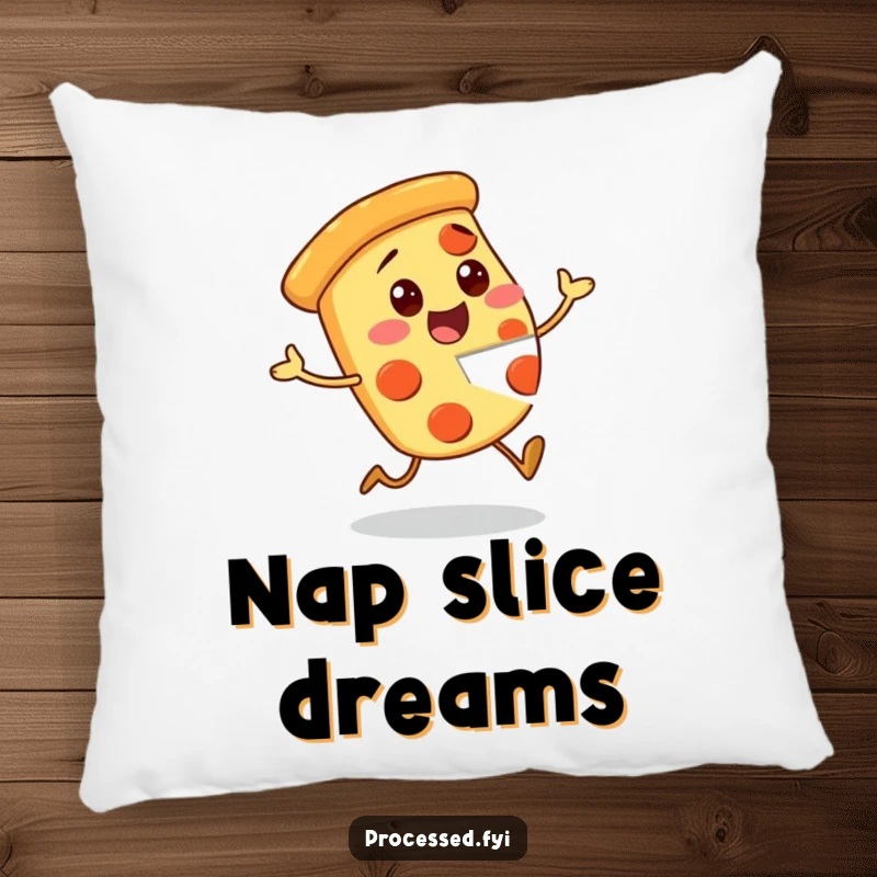 Funny Pizza Pillow with an excited character and a missing piece, offering comfort and a humorous decorative pizza touch.