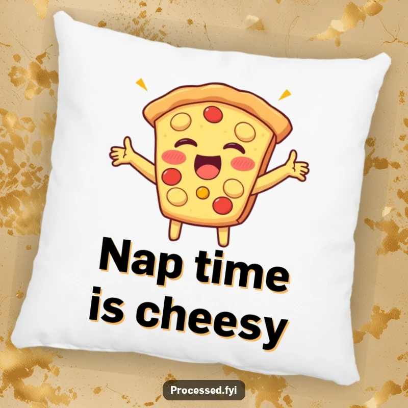 Funny throw pillow with a beaming slice of pizza with arms outstretched, giggling happily, providing comfort and a dose of delicious humor.