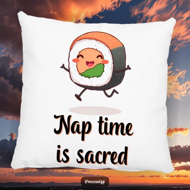 Funny leaping sushi roll pillow showing a happy, anthropomorphic sushi roll with stick legs in a playful pose, perfect for a cozy, humorous touch.