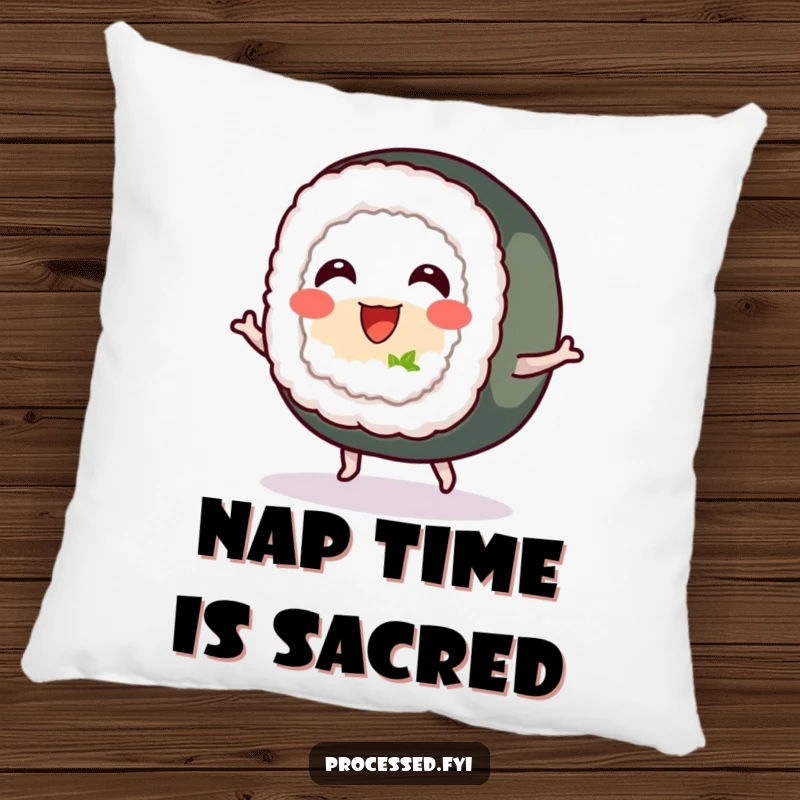 Funny throw pillow with a cheerful sushi roll with tiny feet, bouncing happily, providing comfort and a splash of food-themed humor.