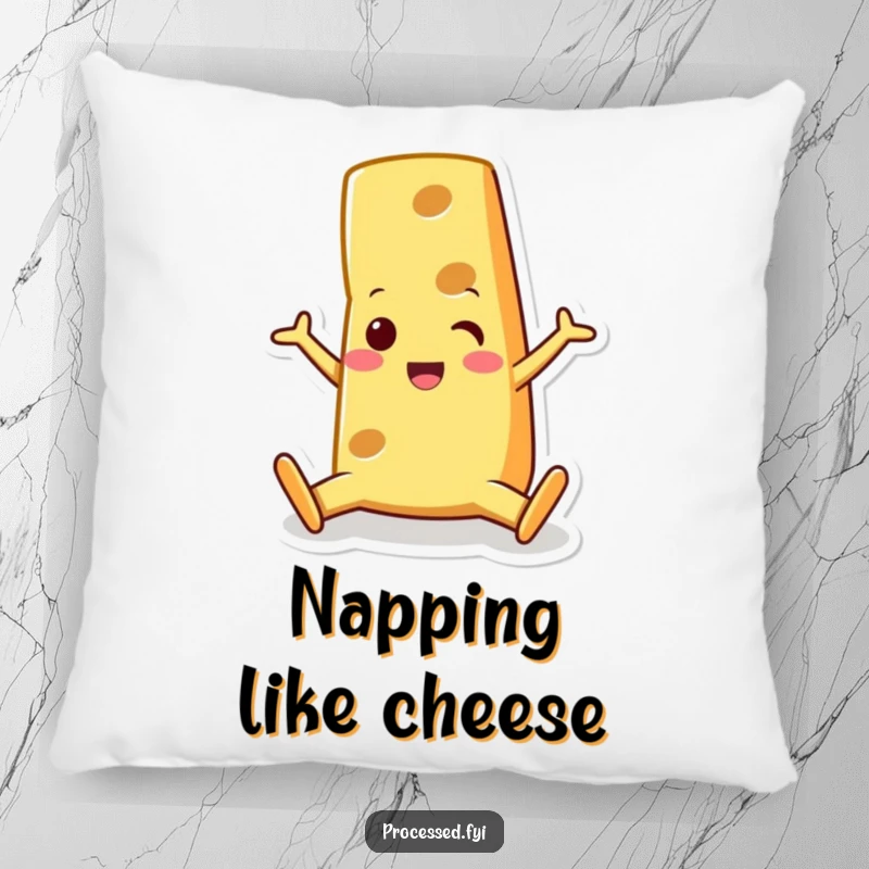 Funny happy cheese wedge character doing a split, offering plush comfort and a cheesy grin. A cozy decoration.