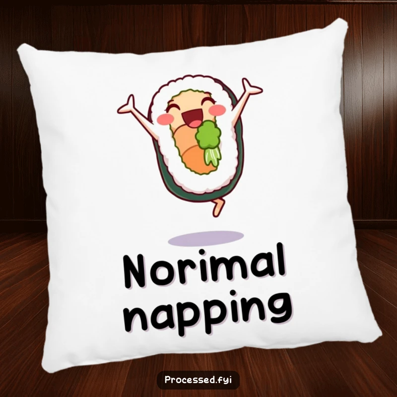 Funny pillow with a delighted sushi roll character doing cartwheels, a soft and humorous accent for any cozy space.