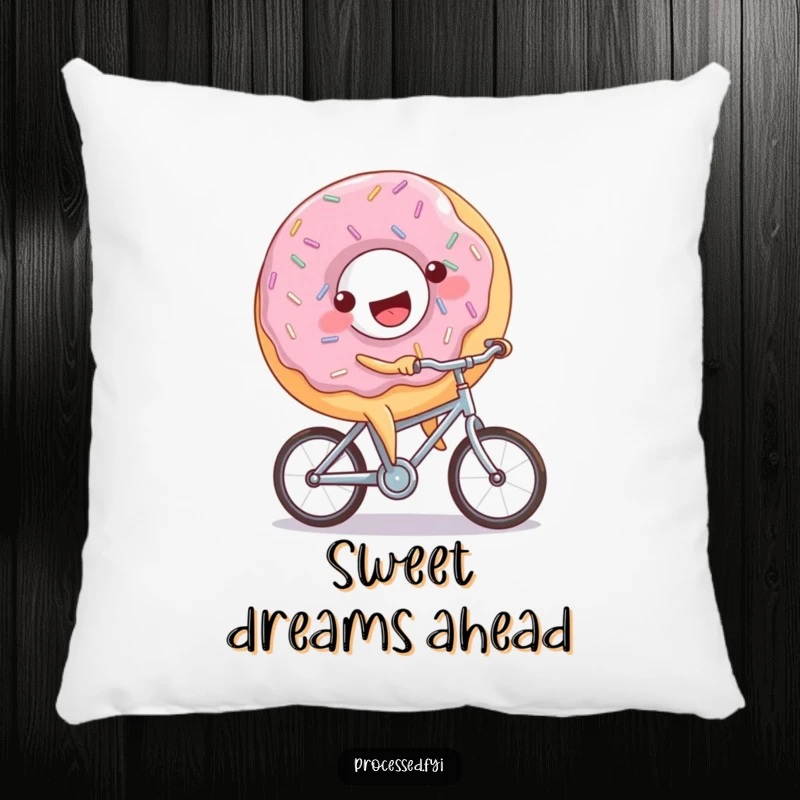 Funny donut bicycle pillow with a joyful, sprinkled donut character happily riding a miniature bicycle, offering sweet comfort.