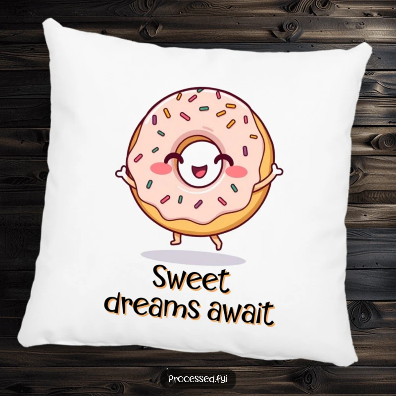 Funny pillow with a grinning donut character dancing with sprinkles, a soft and humorous accent for a cozy space.