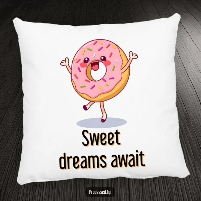 Funny pillow featuring a happy donut with sprinkles doing a pirouette, soft and decorative