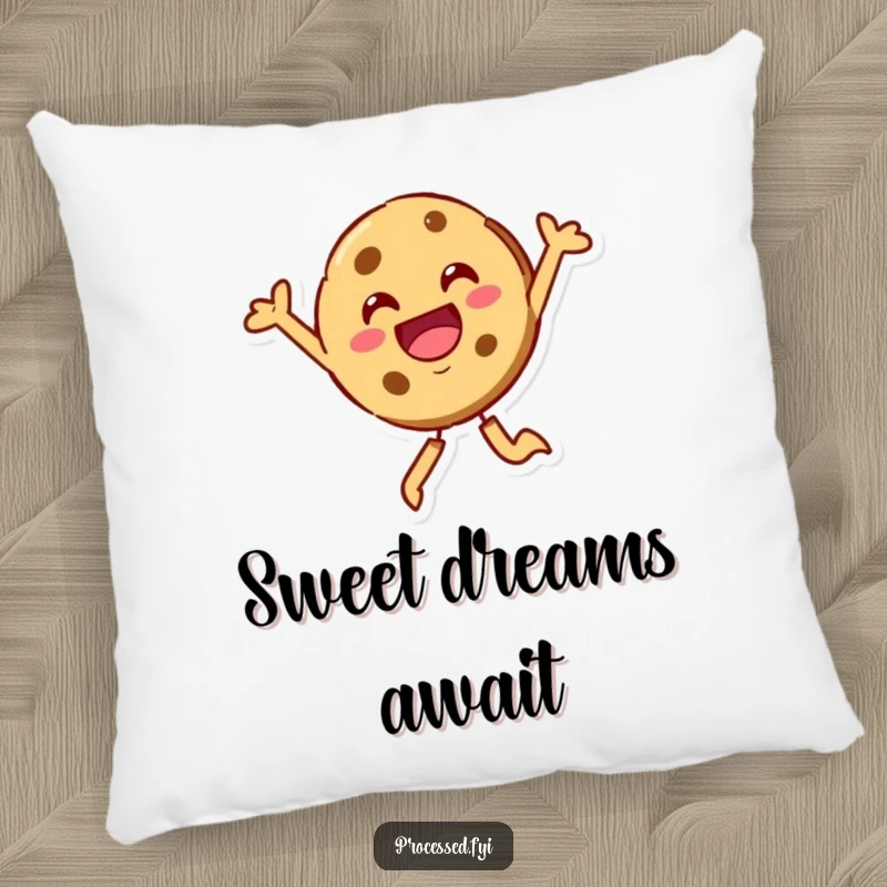 Funny beaming cookie character joyfully leaping, offering plush comfort and a sweet, happy vibe. A cozy decoration.
