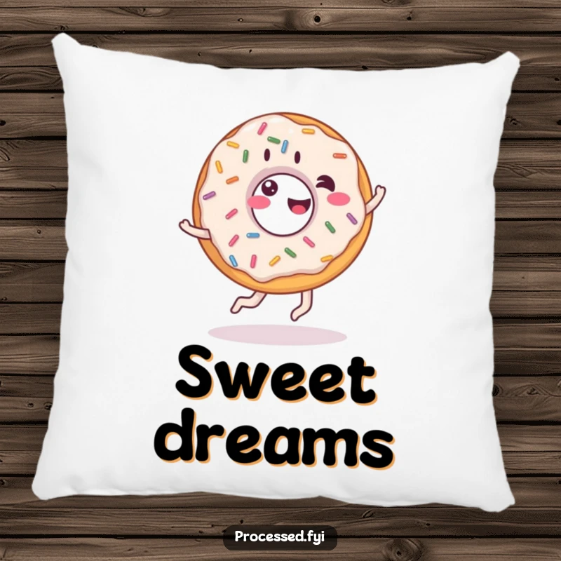 Funny donut pillow, soft cushion with a giddy donut doing a cartwheel, comfortable and sweet.