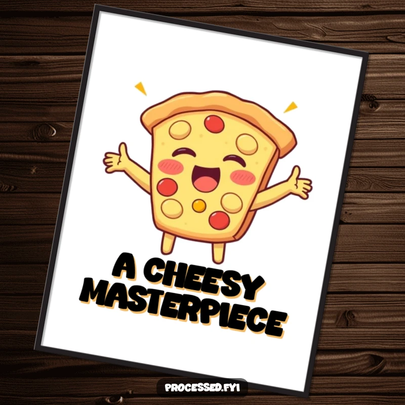 Funny digital art print of a beaming slice of pizza with arms outstretched, giggling with pure delight, ideal for instant wall decor.