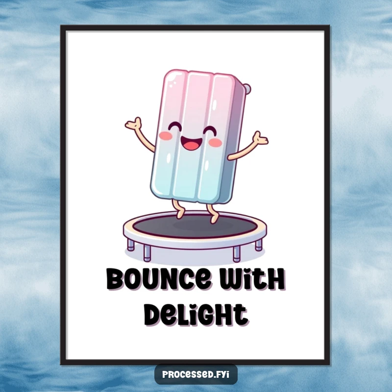 Funny digital art of a happy anthropomorphic candy bar bouncing on a trampoline, ideal for instant, cheerful, and sweet wall decor.