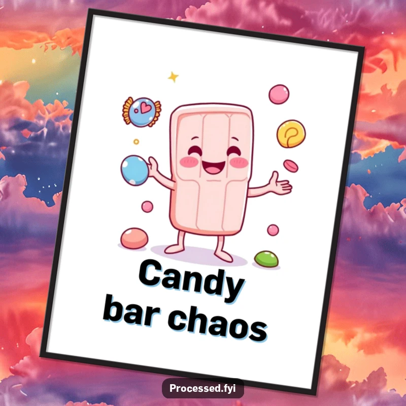 Funny digital art print of a smiling anthropomorphic candy bar juggling small sweets, ideal for sweet-themed decor.