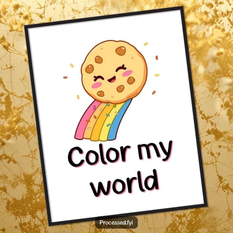High-resolution digital art print of a funny winking cookie sliding down a vibrant rainbow made of sprinkles, full of color and fun.