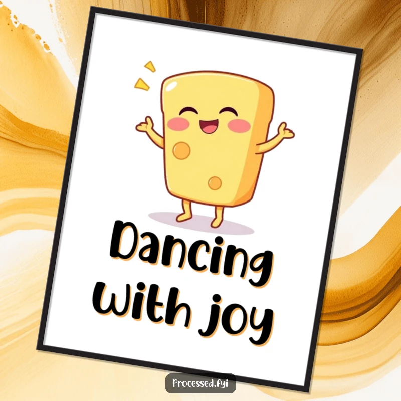 Funny digital art of a giggling anthropomorphic cheese wedge doing a silly dance, ideal for instant, whimsical, and cheerful wall decor.