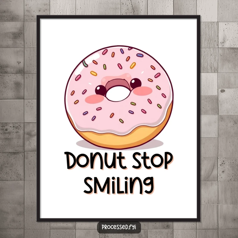 Funny plump donut with blush and sprinkles bouncing enthusiastically, humorous digital art print for instant sweetness.