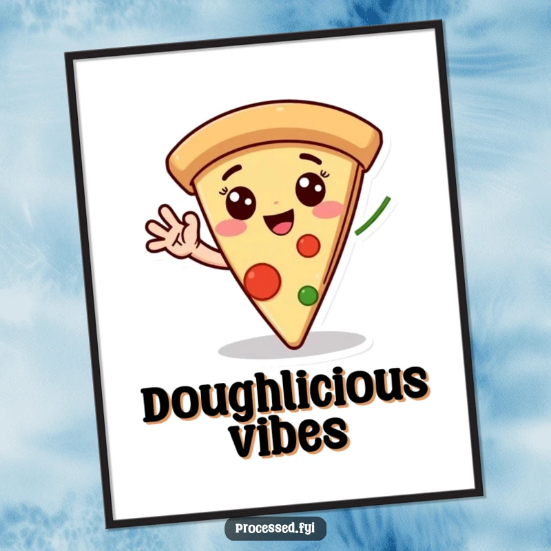 Funny digital art print of a cheerful pizza slice with wide eyes, its pepperoni hand waving enthusiastically, bringing instant humor to any display.