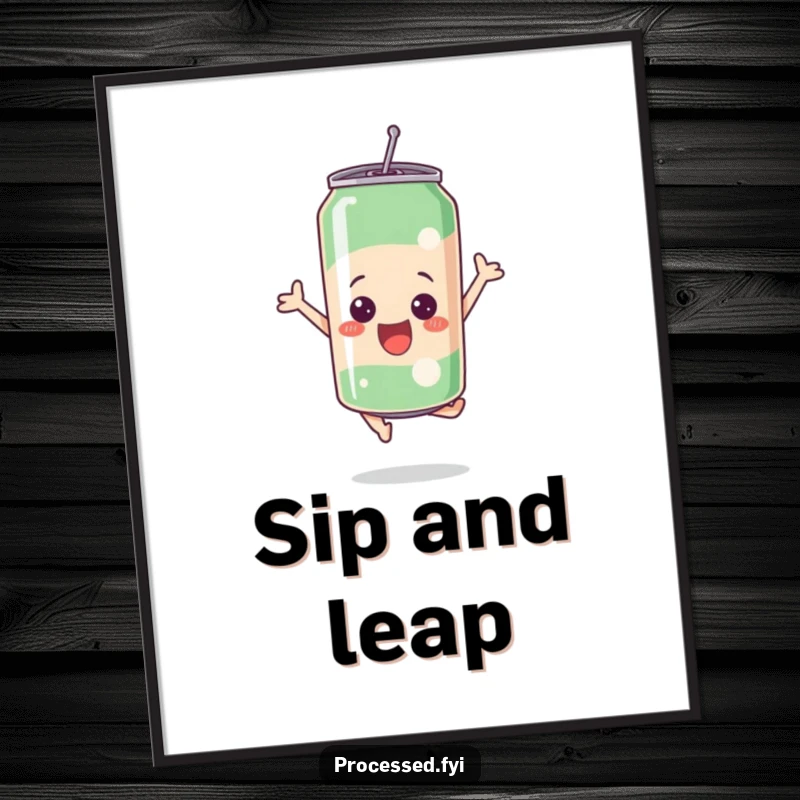 High-resolution digital art print of a funny bubbly soda can leaping with excitement, full of energy and fun.