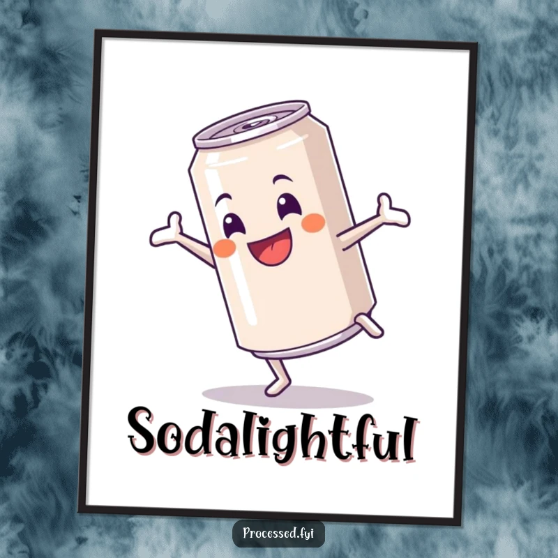 Funny digital art print of a cheerful anthropomorphic soda can performing a cartwheel, bringing bubbly energy and fun.