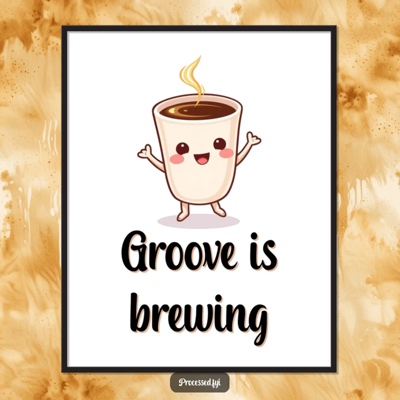 High-resolution digital art print of a funny cheerful coffee cup performing a lively jig, full of energy and humor.