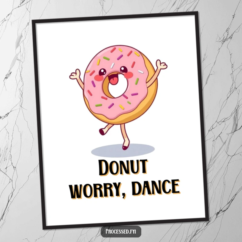 Funny digital art print of a happy donut with sprinkles doing a pirouette, instant downloadable decor