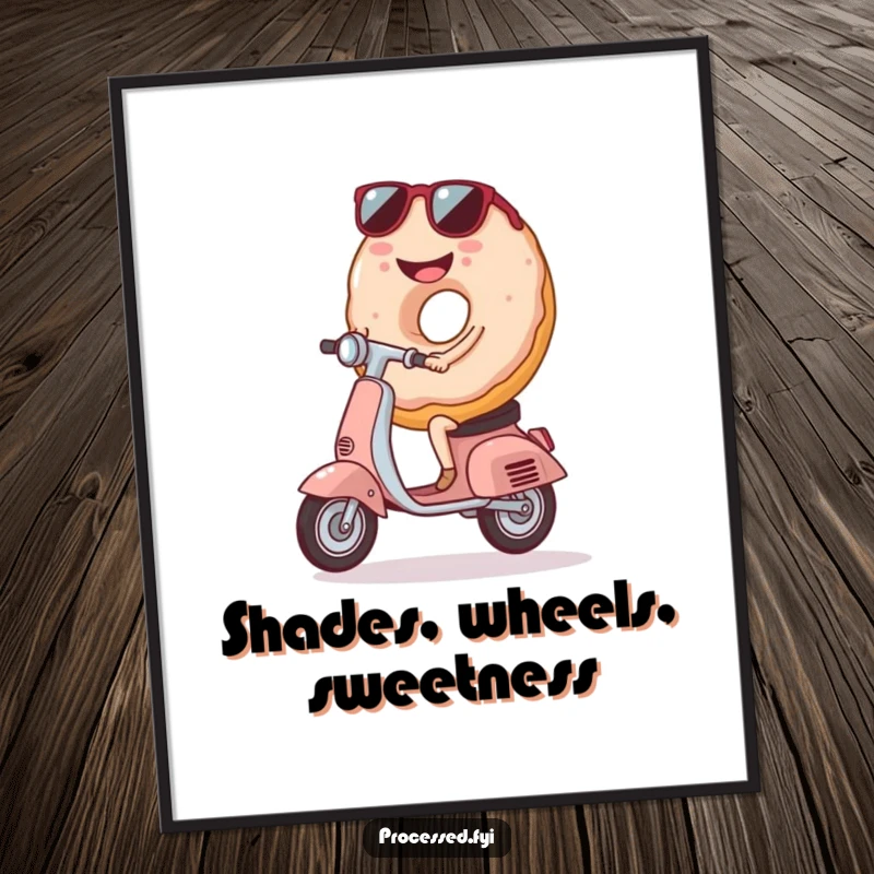 Funny Donut Scooter Digital Art Print, a smiling donut with shades on a scooter, perfect for cool and humorous decor.