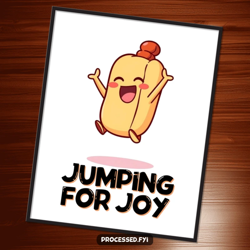 Funny Excited Hot Dog Digital Art Print: A happy hot dog in its bun, caught mid-jump with pure excitement and joy.