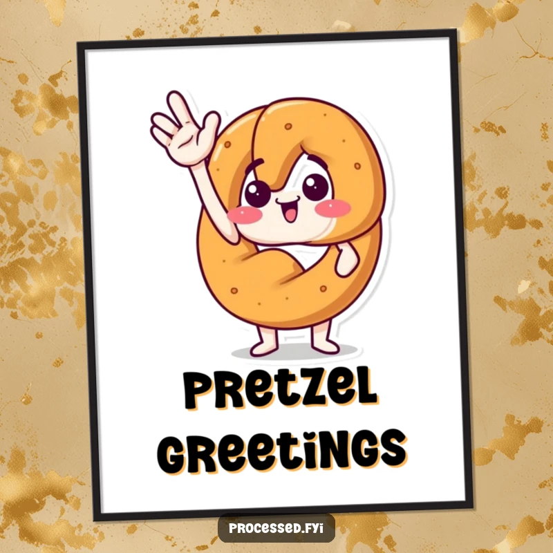 Funny digital art print of an anthropomorphic pretzel waving with excitement, perfect for adding vibrant decor.