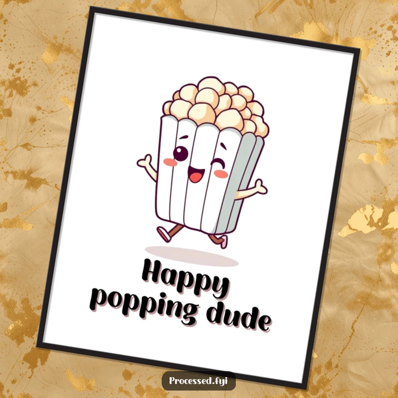 Funny digital art print of a beaming anthropomorphic bag of popcorn doing a little hop, ideal for fun decor.